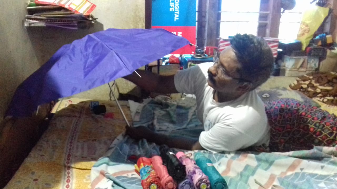 Specially abled Raju’s handmade products- Seed paper pen, umbrellas, electric charger, cloth bags
